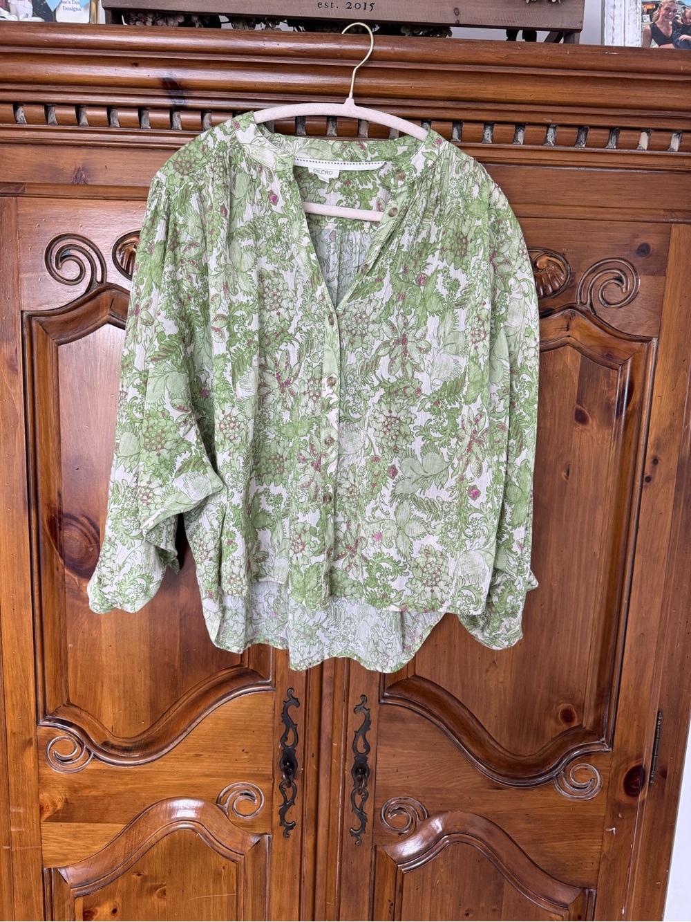 Pilcro Green Floral Button-Front Blouse